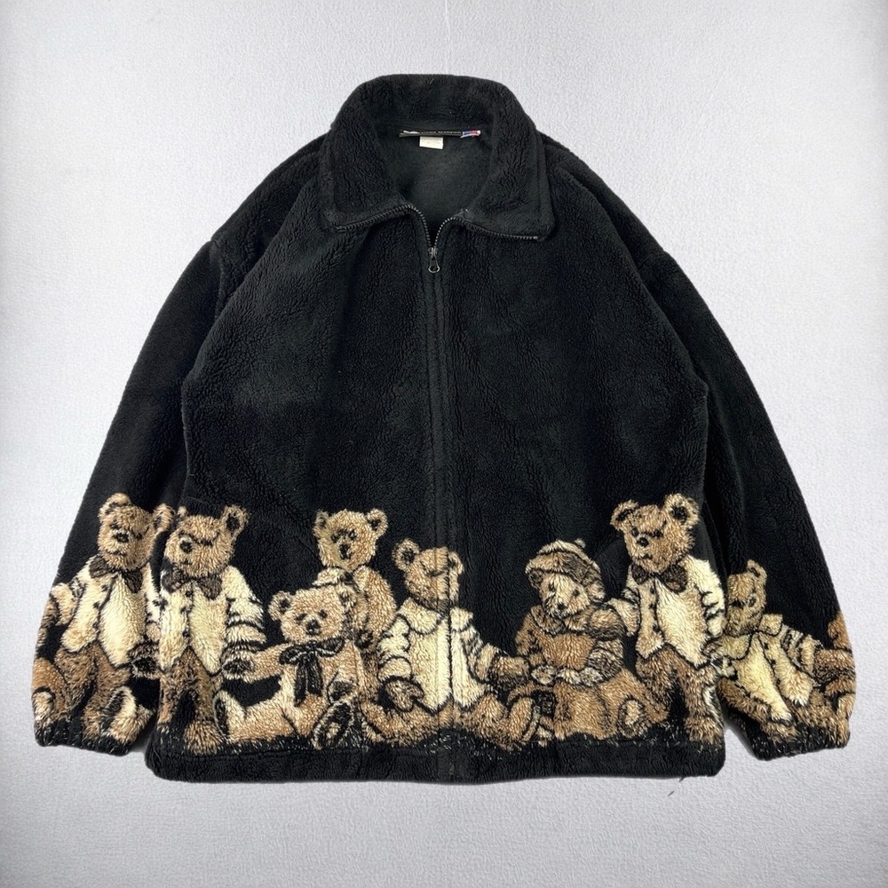 Cobblestone Canyon Fleece Jacket Womens Medium Black Teddy Bear Tapestry Print